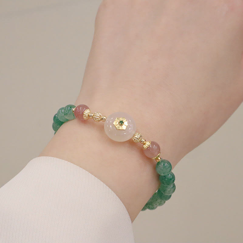Natural Green Strawberry Quartz and Chalcedony Flower Beaded Bracelet