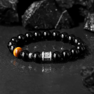 999 Fine Silver Om Mani Padme Hum Mantra Black Obsidian & Tiger Eye Beaded Bracelet