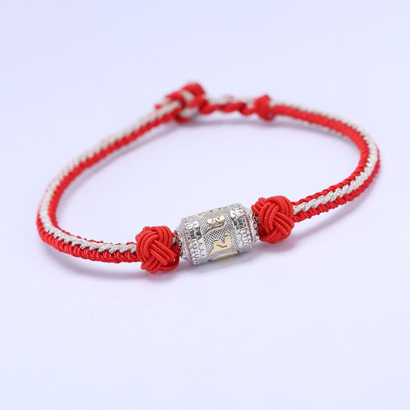 925 Sterling Silver Om Mani Padme Hum Prayer Wheel Luck Strength Red String Bracelet