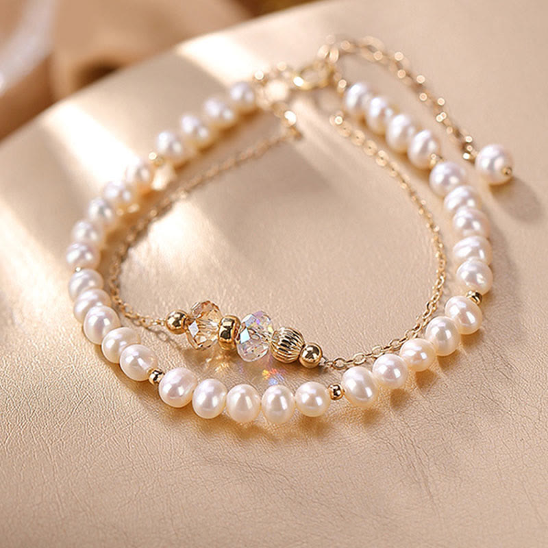 925 Sterling Silver Plated 14k Gold Natural Pearl Crystal Healing Double Layer Bracelet