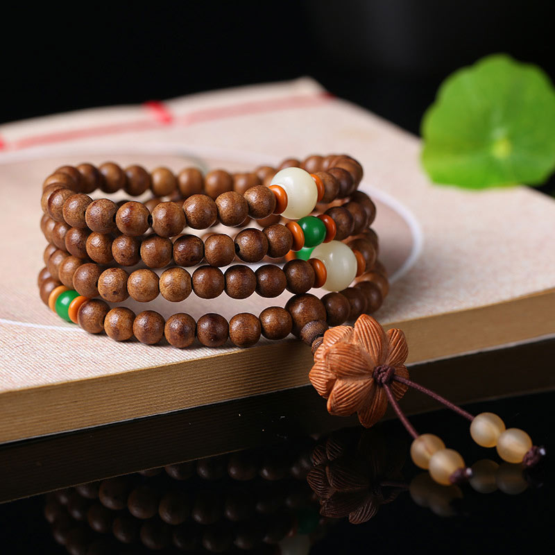 108 Mala Beads Peach Wood Bodhi Seed Lotus Prayer Meditation Bracelet