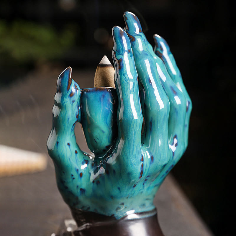 Ceramic Skull and Skeletal Hand Backflow Incense Burner for Atmospheric Meditation