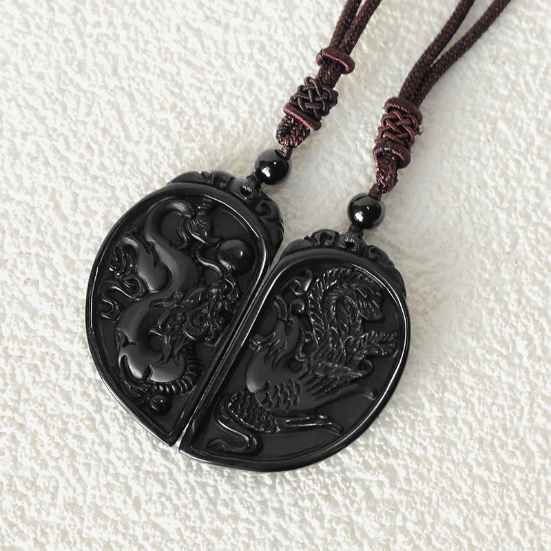 Black Obsidian Love Dragon Phoenix Protection Necklace Pendant