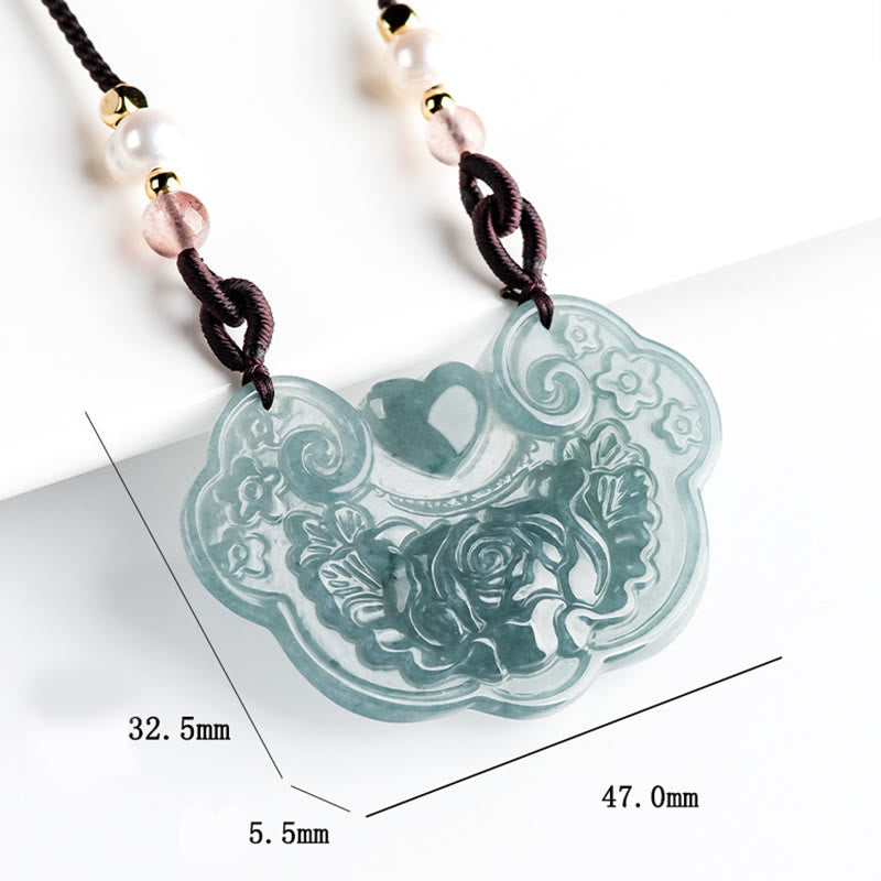 Natural Jade Peony Flower Lock of Good Wishes Prosperity Necklace Pendant