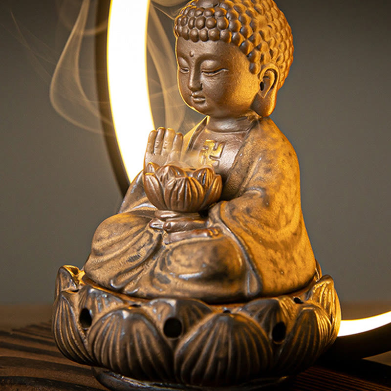 Handcrafted Ceramic Buddha Lotus Backflow Smoke Fountain Incense Burner with Light for Meditation & Yoga