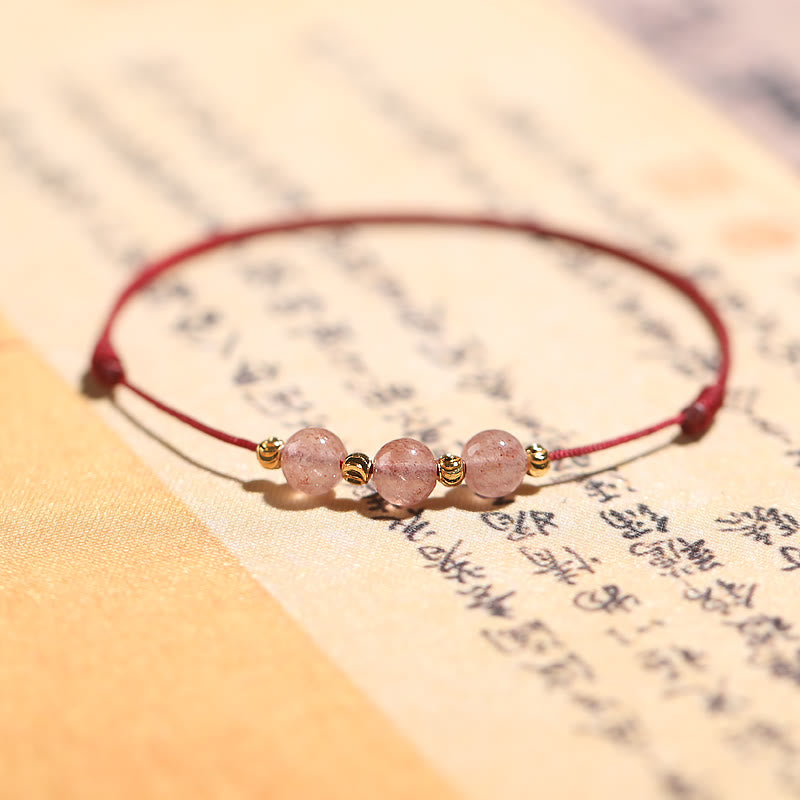 Natural Strawberry Quartz Woven Red String Adjustable Bracelet & Anklet