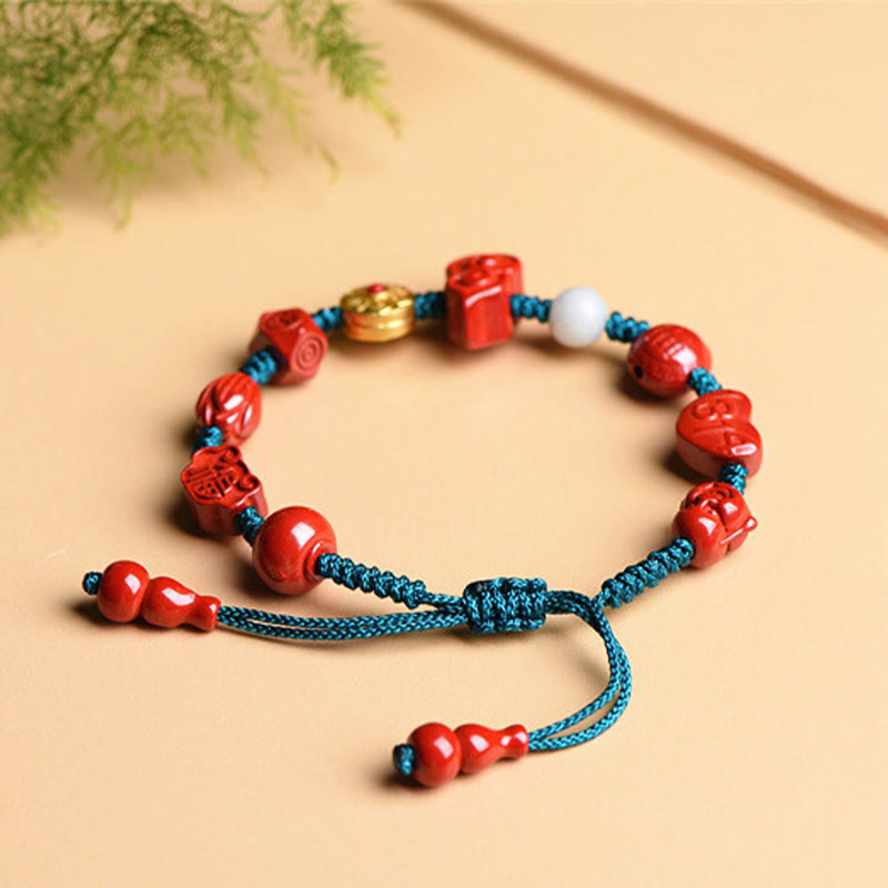 Hand-Carved Cinnabar Om Mani Padme Hum Laughing Buddha Wu Lou Fu Corded Bracelet