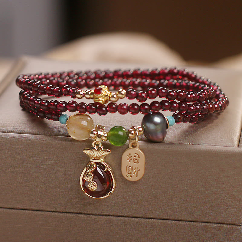 Multi Layered Natural Garnet Jade Coin Money Bag Attracting Wealth Protection Bracelet