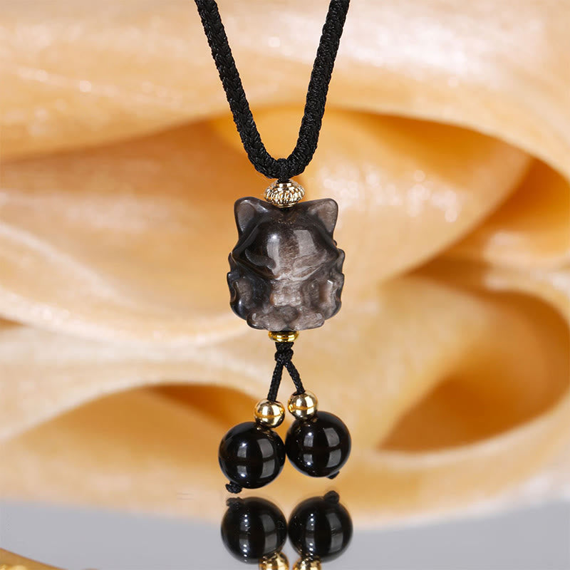 Natural Silver Sheen Obsidian Nine Tailed Fox Protection Necklace Pendant
