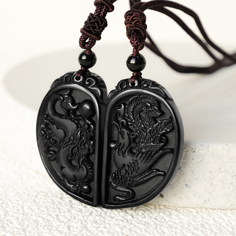 Black Obsidian Love Dragon Phoenix Protection Necklace Pendant