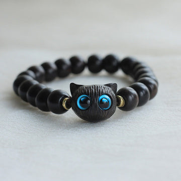 Hand-Carved Wooden Cat Peace Charm Bracelet in Ebony or Sandalwood