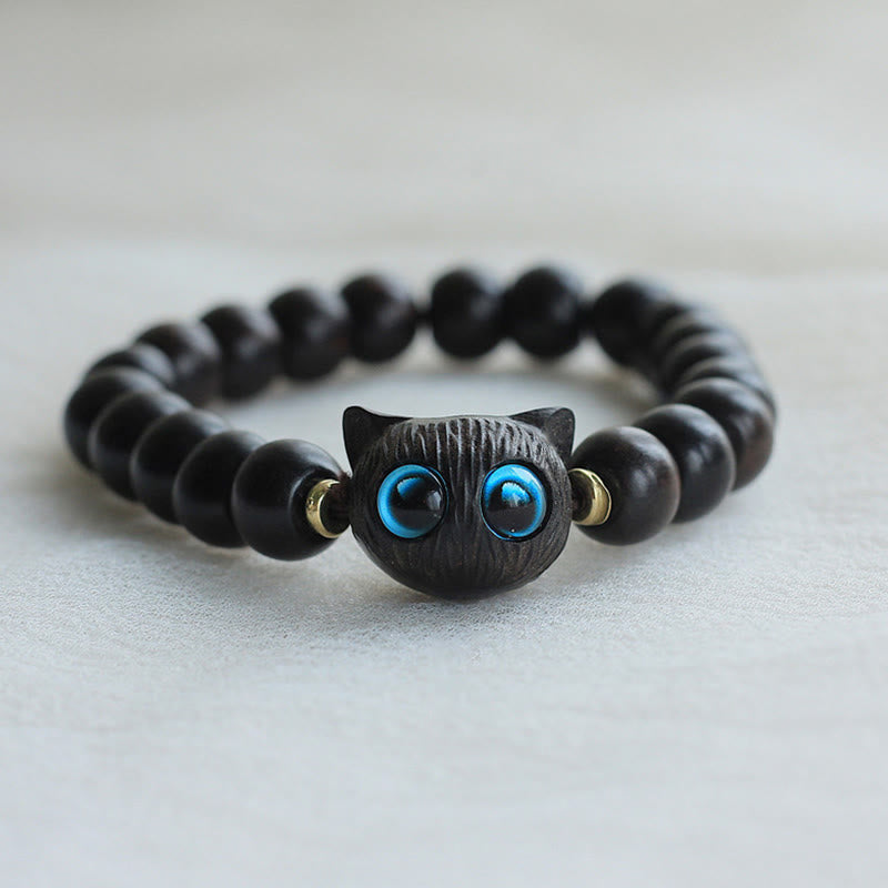 Hand-Carved Wooden Cat Peace Charm Bracelet in Ebony or Sandalwood