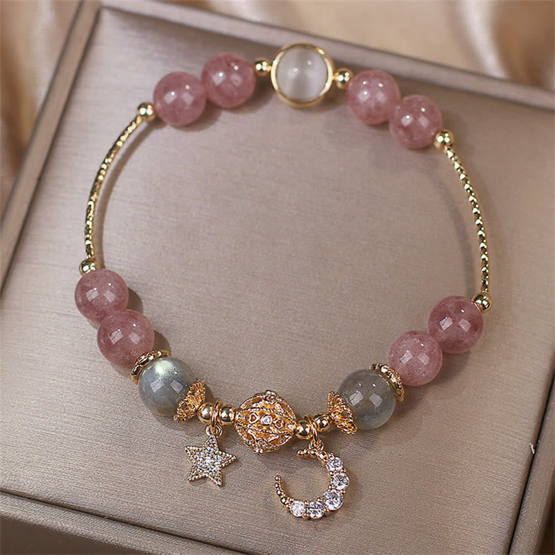 Celestial Strawberry Quartz, Moonstone & Cat's Eye Moon Star Gemstone Bracelet