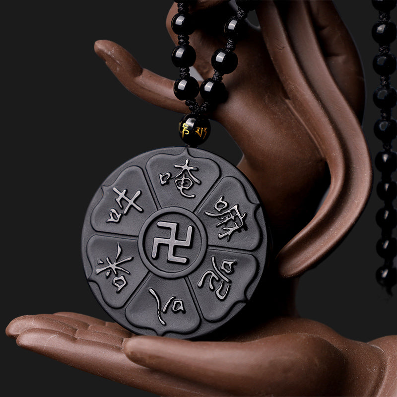 Natural Black Obsidian Tibetan Om Mani Padme Hum Buddha Swastika Luck Necklace Pendant