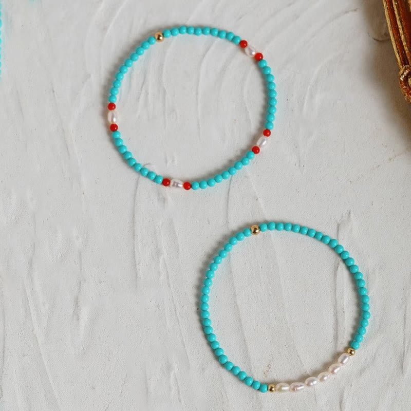 Turquoise Red Agate Pearl Small Beaded Protection Bracelet