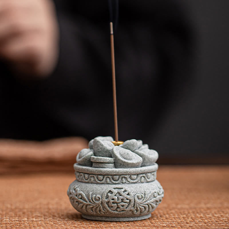 Goldstone Sycee Ingot Incense Burner with Fu Symbol Desk Meditation Tool