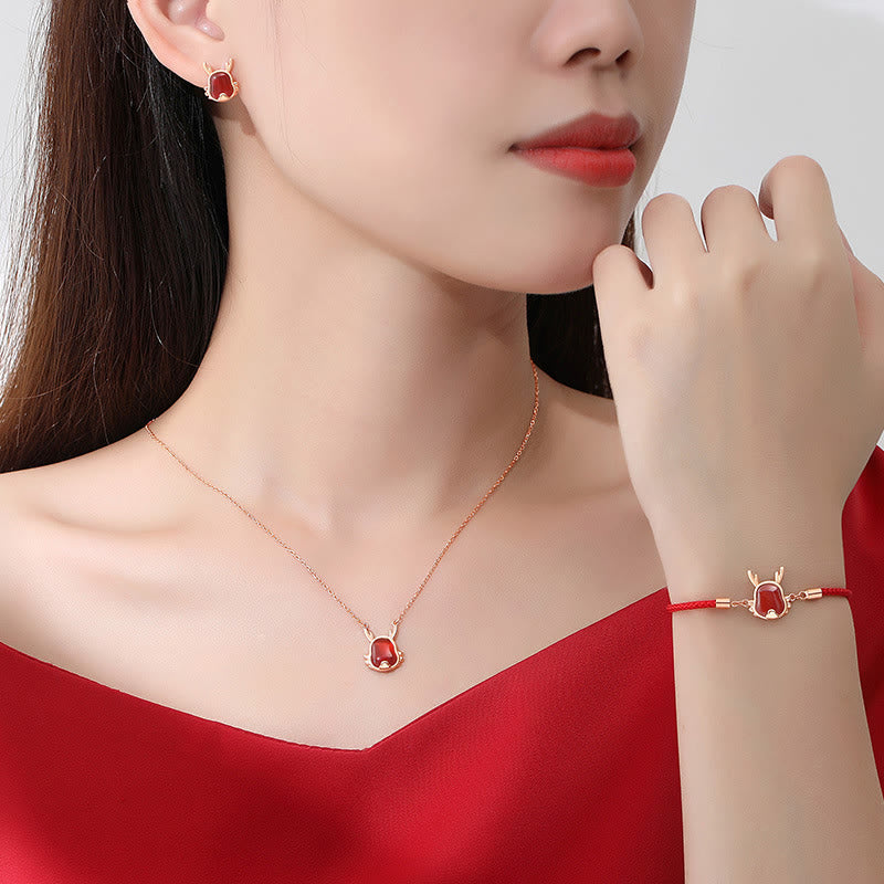 ❗❗❗A Flash Sale- 925 Sterling Silver Year of the Dragon Natural Red Agate Dragon Attract Fortune Fu Character Strength Bracelet Necklace Pendant Earrings