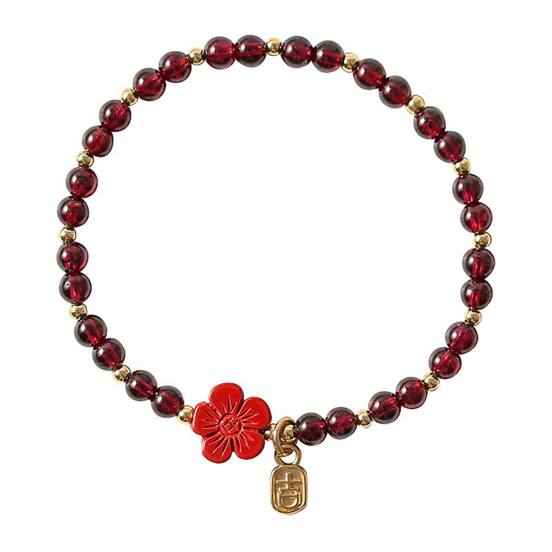 14K Gold Plated Natural Garnet Cinnabar Flower Calm Bracelet