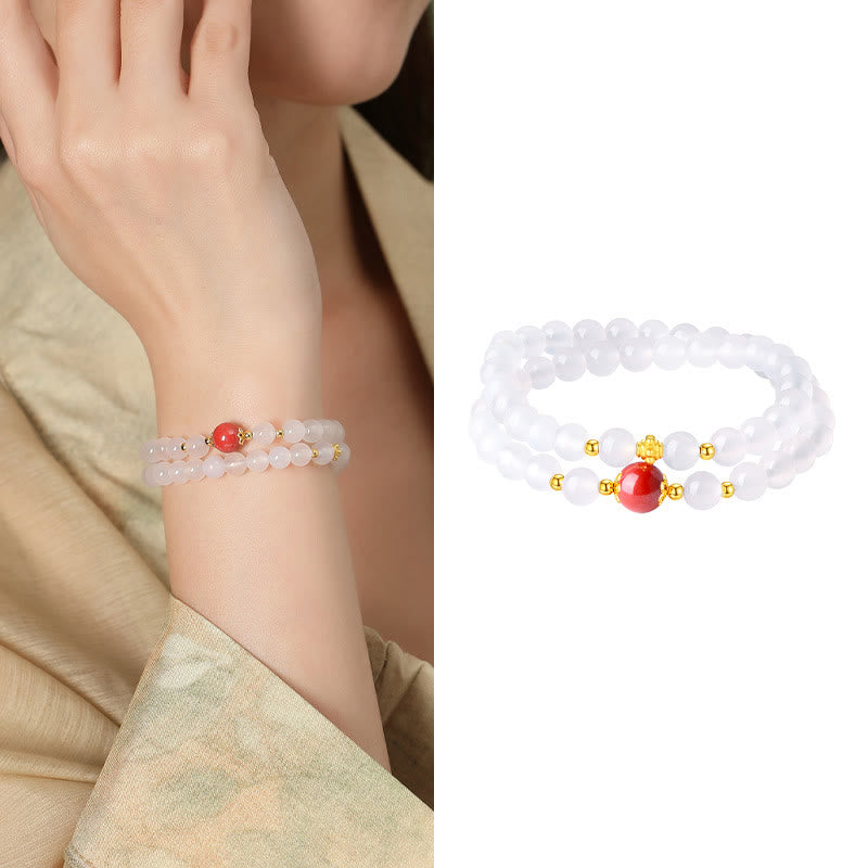Natural White Agate and Cinnabar 925 Sterling Silver Double Wrap Bracelet