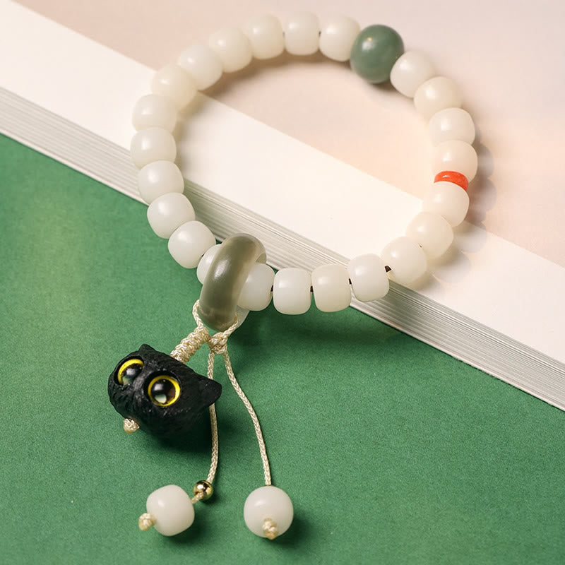Natural Bodhi Seed and African Blackwood Beaded Bracelet with Hand-Finished Cat Charm