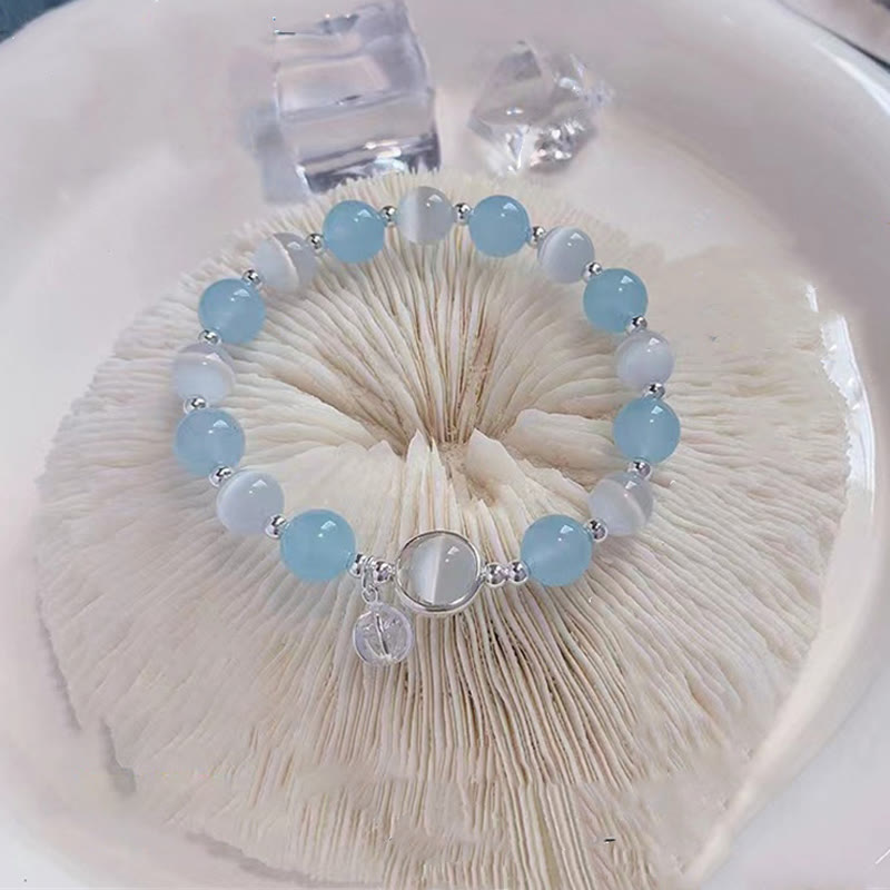 Handcrafted Cat's Eye & Aquamarine 925 Sterling Silver Support Charm Bracelet