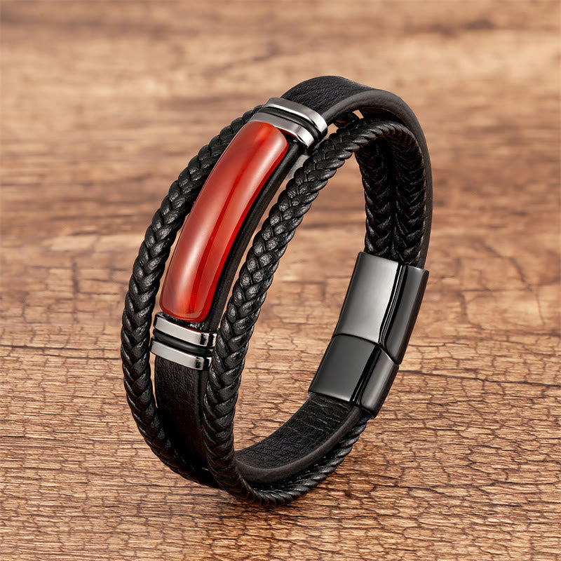 Multilayered Braided Leather Natural Gemstone Power Bracelet