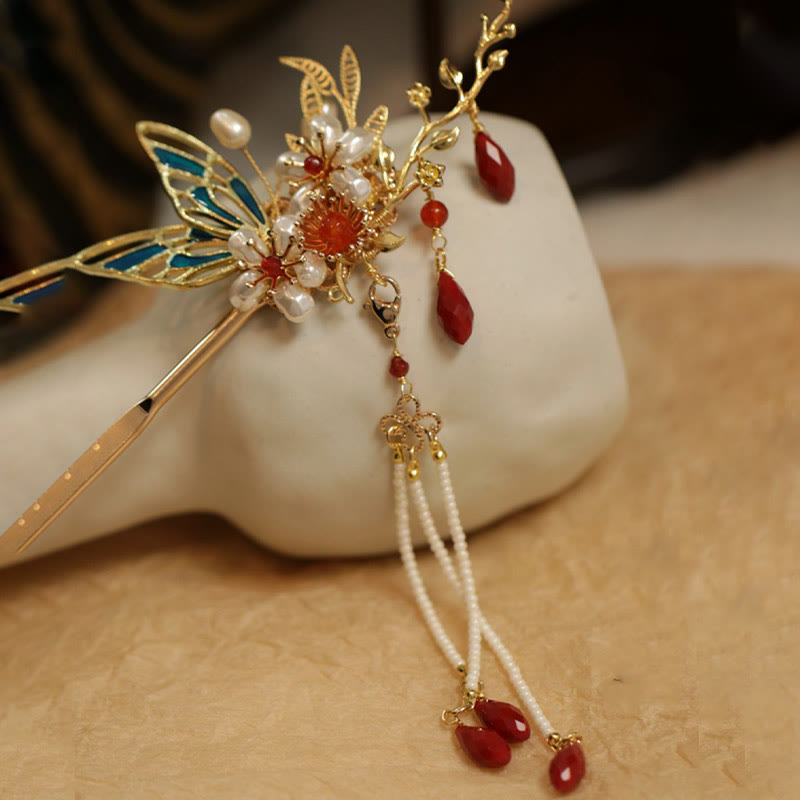 Classical Chinese Style Flower Branche Butterfly Pearl Tassel Hair Clip Hair Comb Hair Crown