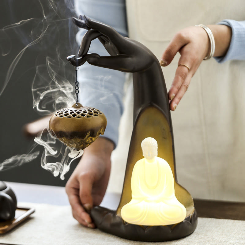Mudra Hand LED Ceramic Backflow Smoke Fountain Incense Burner