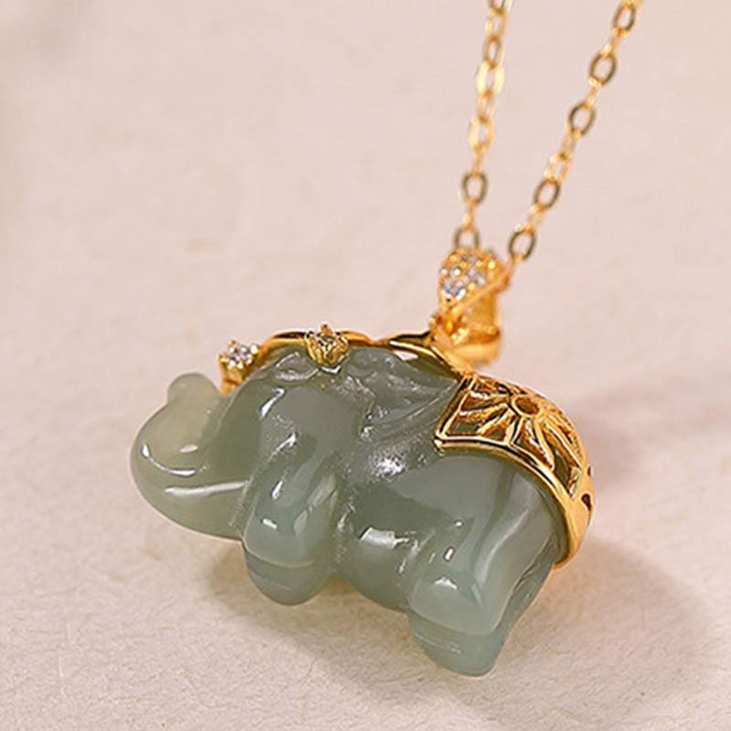 Gold Plated 925 Sterling Silver Jade Elephant Pendant Unisex Necklace