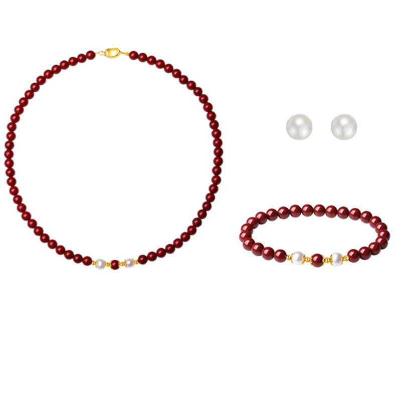 925 Sterling Silver Natural Cinnabar Pearl Blessing Necklace Pendant Bracelet Earrings Jewelry Set