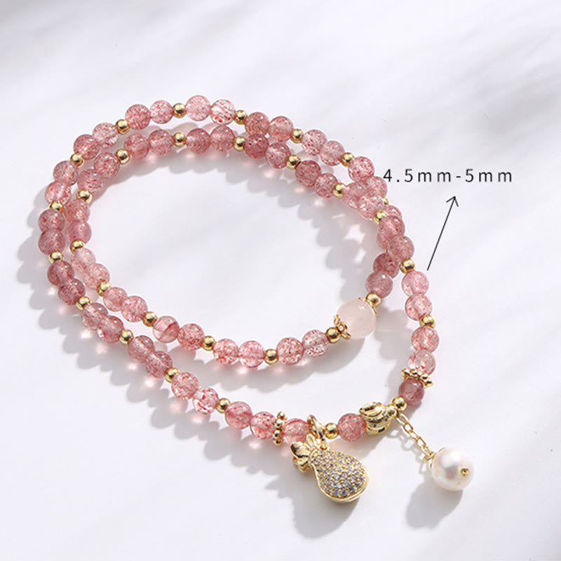 Strawberry Quartz Money Bag Positive Charm Double Wrap Bracelet