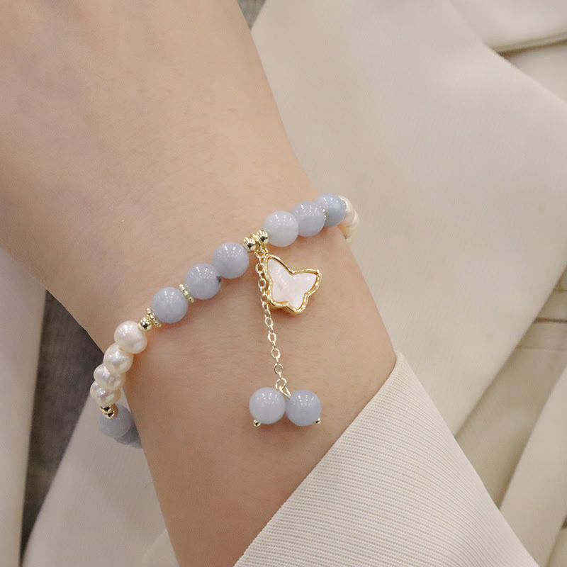 Natural Aquamarine Pearl Seashell Charm Bracelet with Ginkgo Leaf or Butterfly Accents