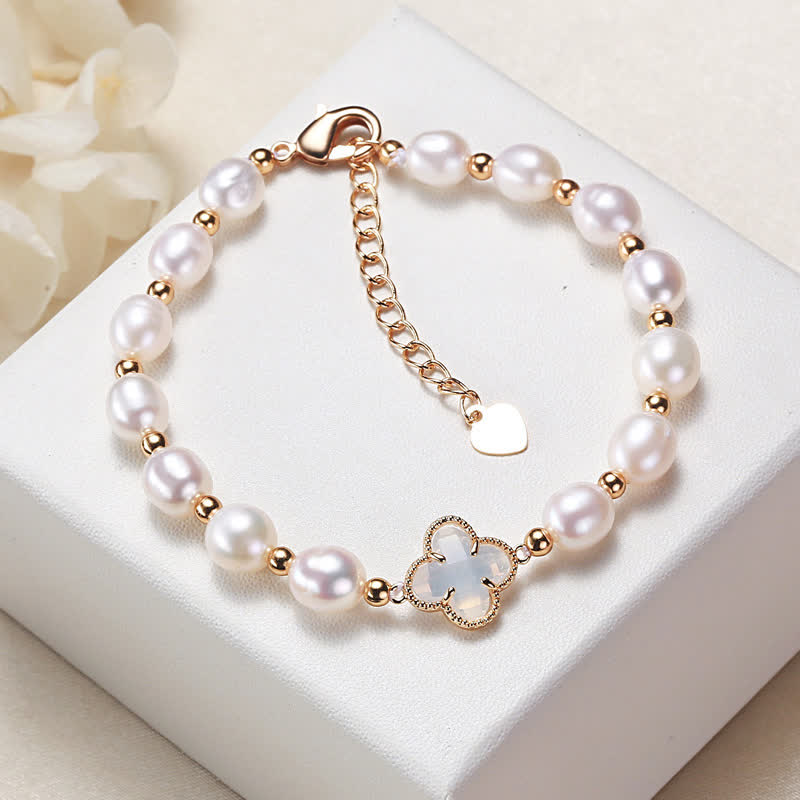 Elegant Pearl Chain Bracelet with Minimalist Four Leaf Clover Charm