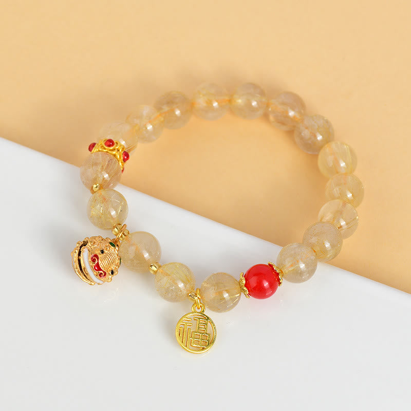 Natural Golden Rutilated Quartz Bracelet with Fu Character Charm and Ritual Bell