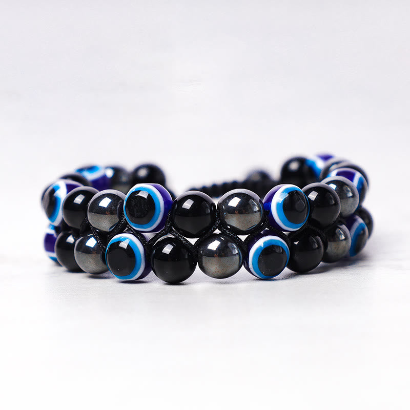 Handmade Evil Eye Hematite and Tiger Eye Adjustable Beaded Bracelet for Men and Women