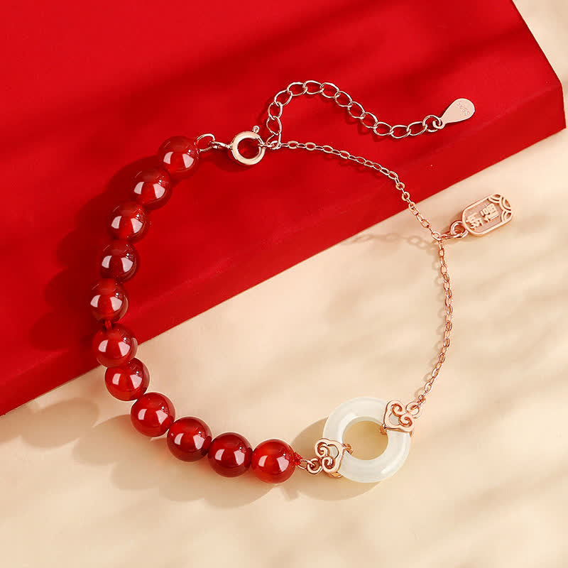 Natural Red Agate and White Jade Ping An Kou 925 Sterling Silver Peace Buckle Bracelet