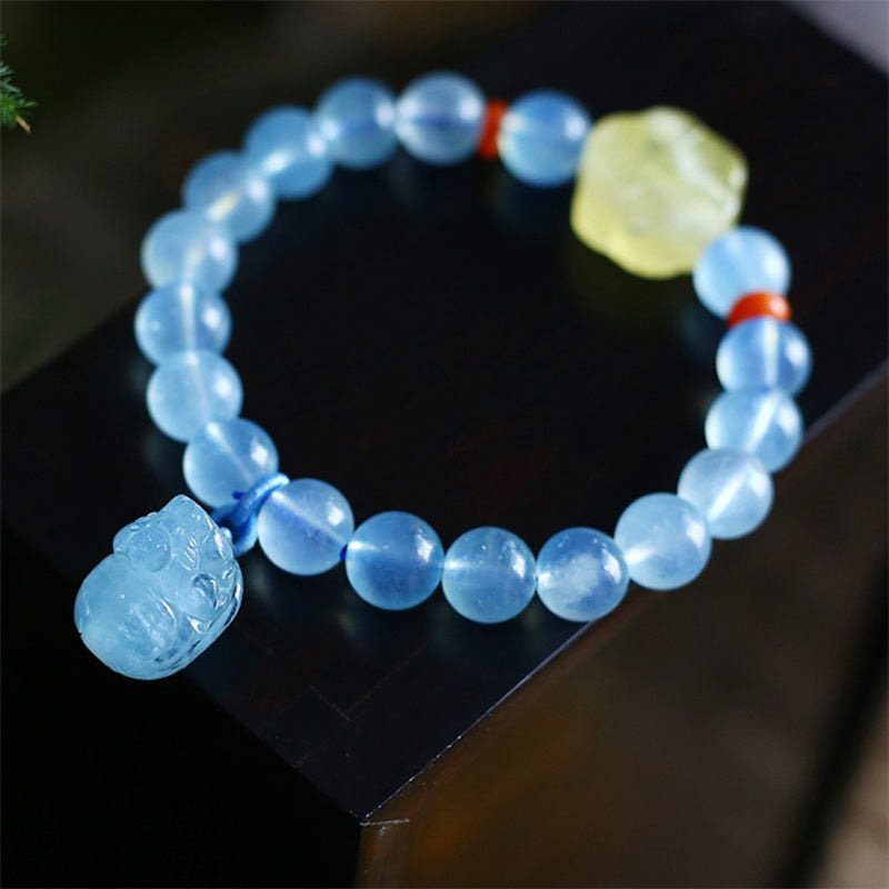 Natural Aquamarine, Amber, and Red Agate Pixiu Charm Bracelet