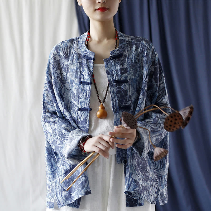 Ramie Linen Floral Stand Collar Meditation Jacket Shirt