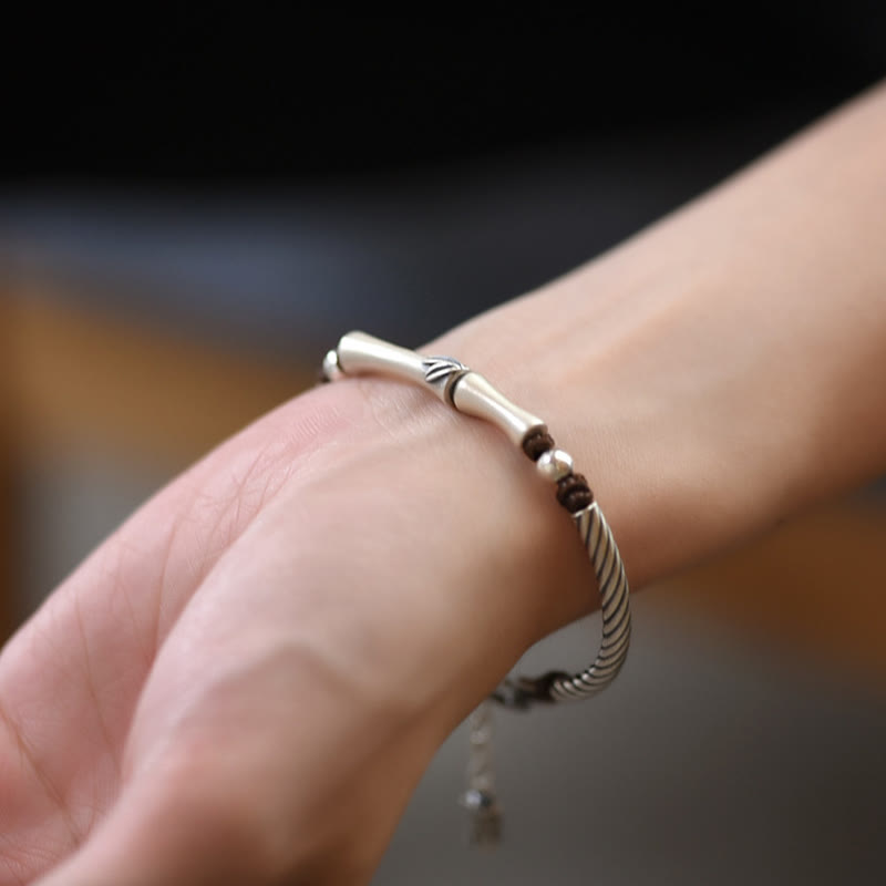 999 Fine Sterling Silver Bamboo Pattern and Cicada Engraved Open Cuff Bracelet