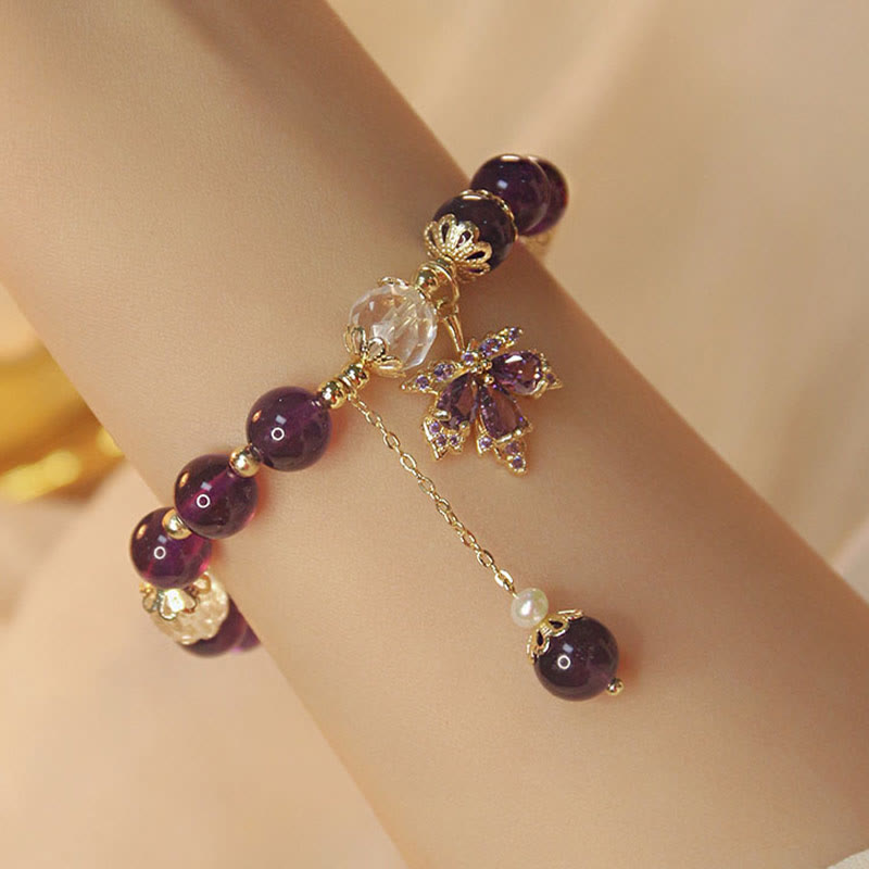 14k Gold Plated Natural Amethyst Maple Leaf Charm Bracelet