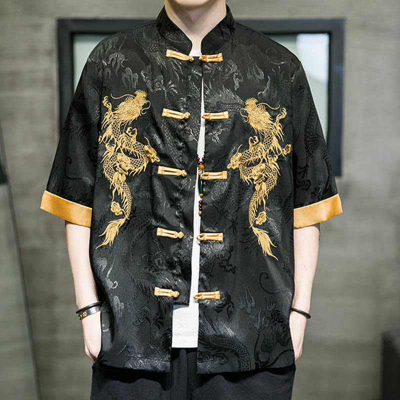Frog-Button Chinese Dragon Embroidery Half Sleeve Shirt Linen Men Clothing