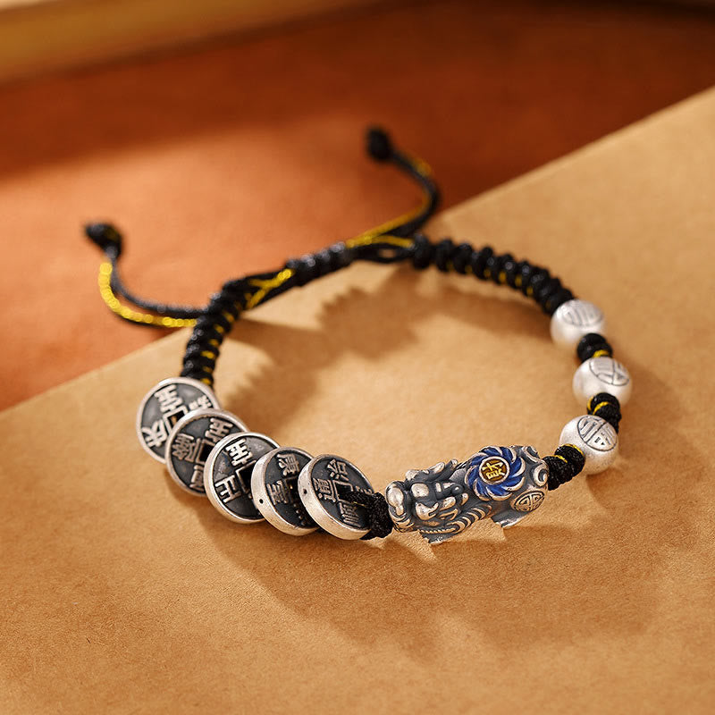 Handmade 999 Fine Silver Pixiu and Copper Coin Fu Character Braided Bracelet