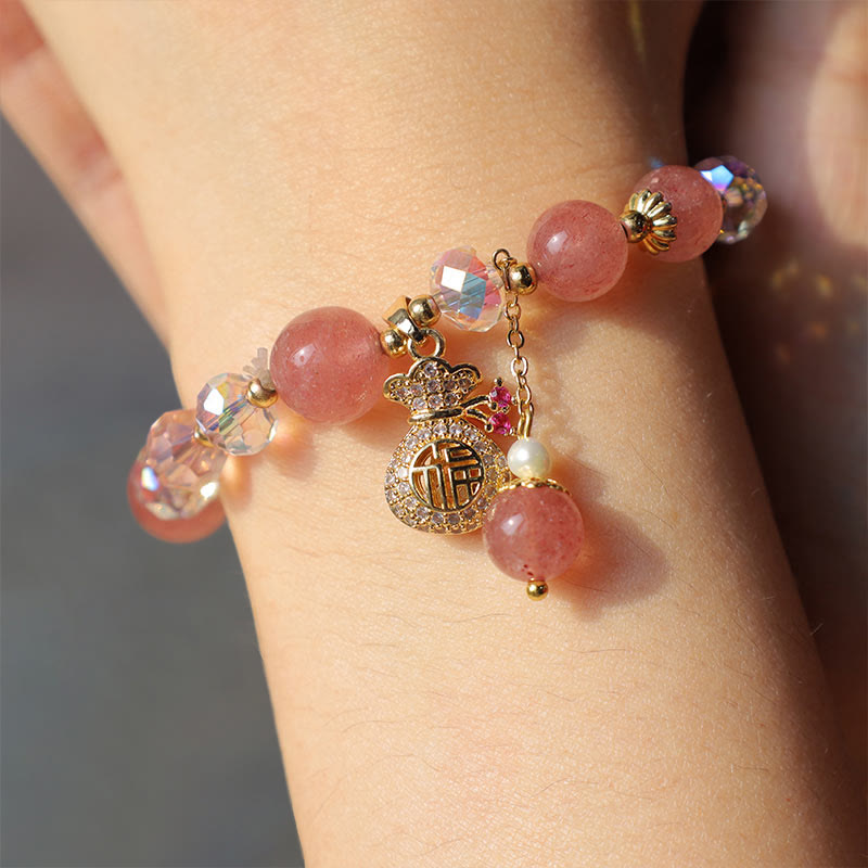 Natural Strawberry Quartz Crystal Beaded Bracelet with Carved Money Bag Charm