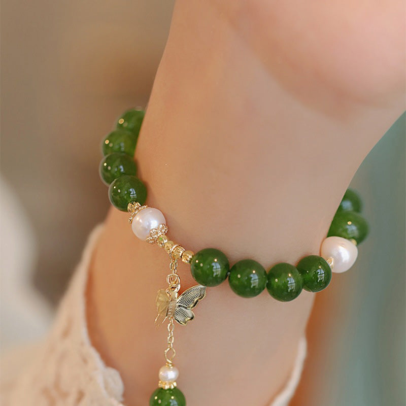 Natural Green Chalcedony and Pearl Butterfly Resilience Bracelet