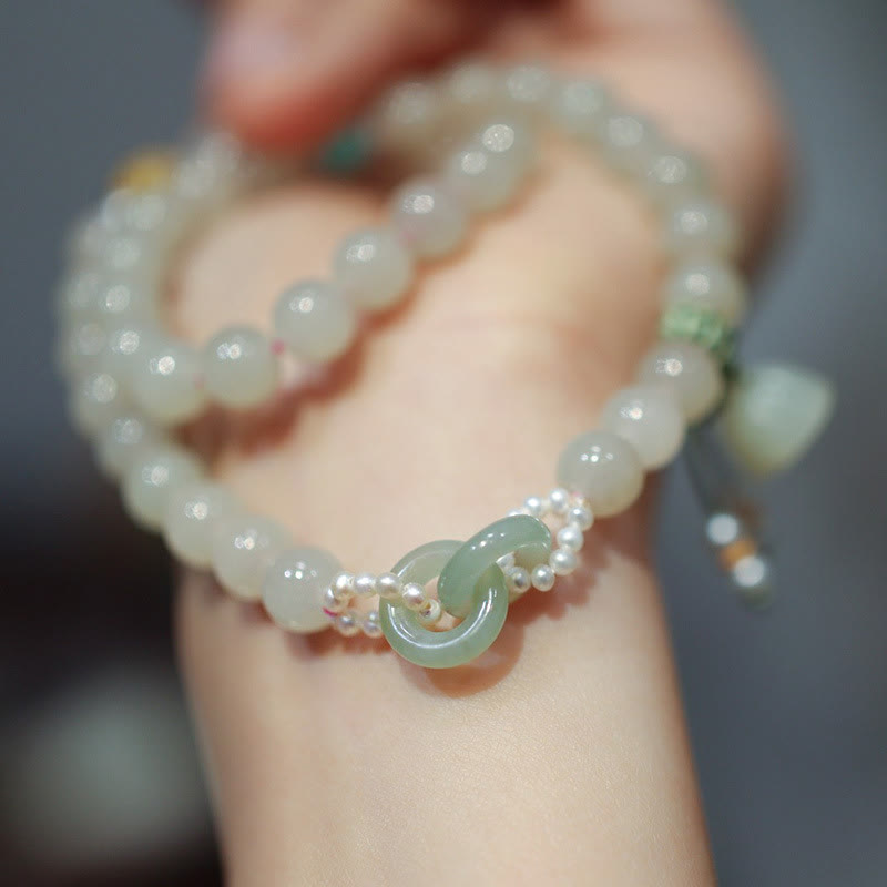 925 Sterling Silver Hetian Jade Double Peace Buckle Lotus Luck Double Wrap Bracelet