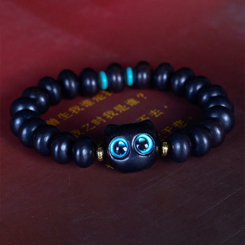 Natural Ebony Wood and Liuli Glass Lucky Cat Beaded Bracelet for Cat Lovers