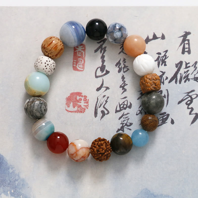 Handmade 18-Bead Bodhi Seed Bracelet with Natural Agate and Clear Quartz