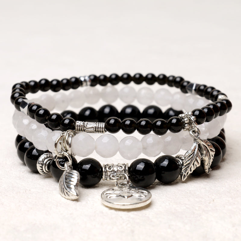 3PCS Natural Gemstone Beaded Lotus Charm Bracelet Set