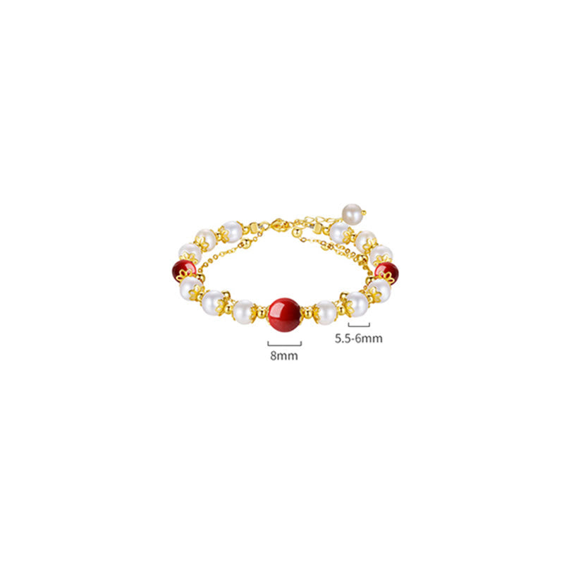 925 Sterling Silver Pearl Cinnabar Wisdom Bead Double Layer Chain Bracelet