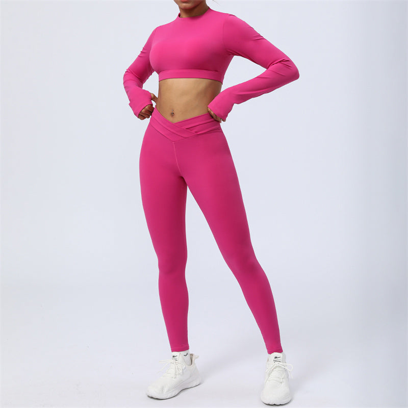 2Pcs Long Sleeve Backless Top Bra Leggings Pants Fitness Yoga Outfit Set